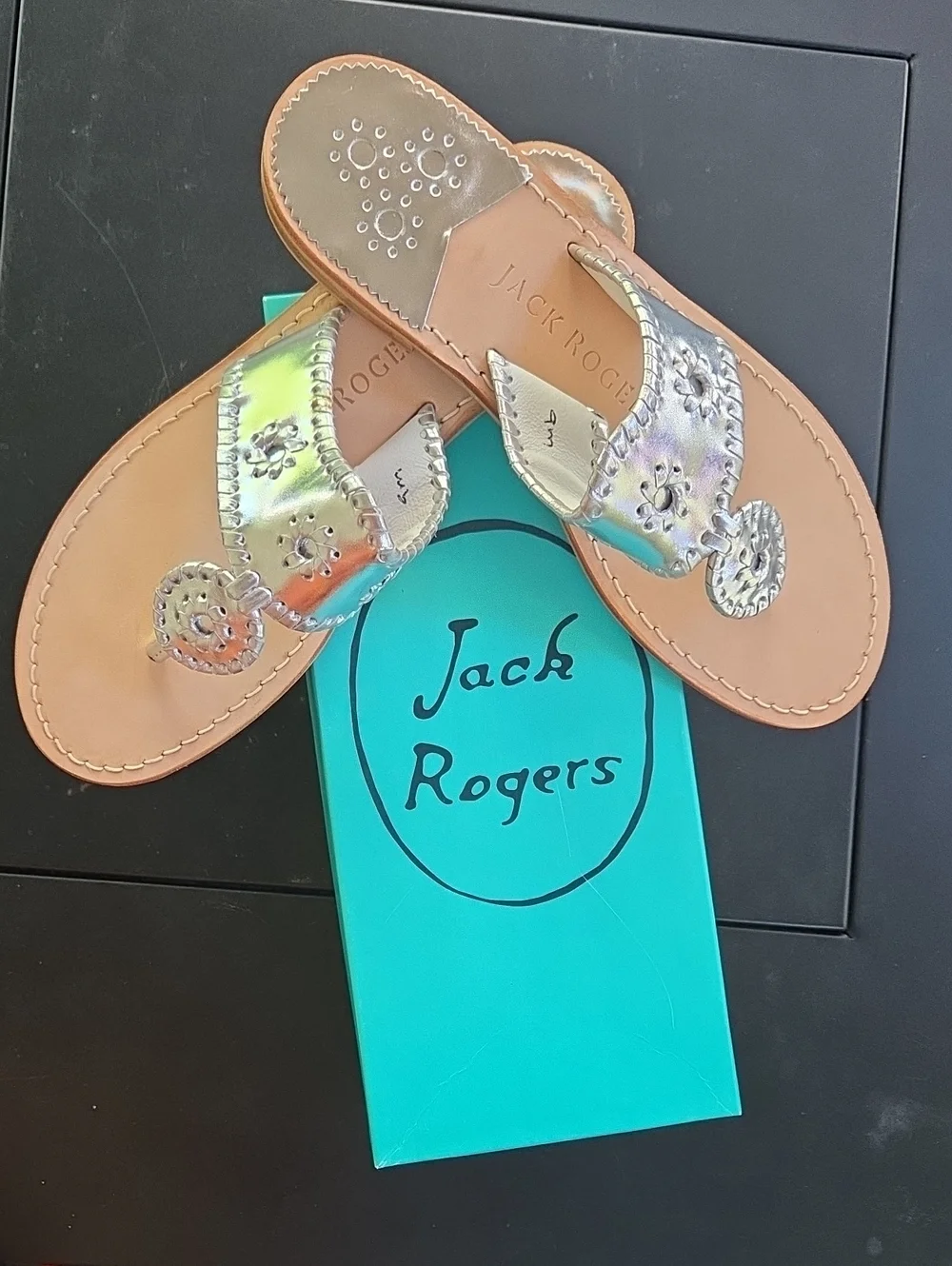 Jack Rogers Iridescent Metallic Navajo Sandals - Silver/Tan